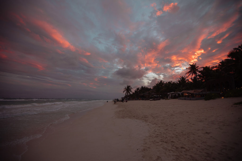 Meer, Brandung, Strand, Palmen und Feuerwolken im Sonnenuntergang