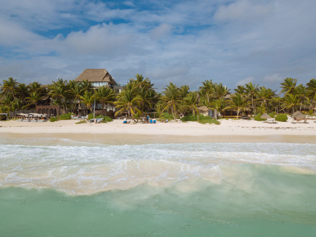 Aufgewühlter Sand im Wasser vor Palmen und Strand