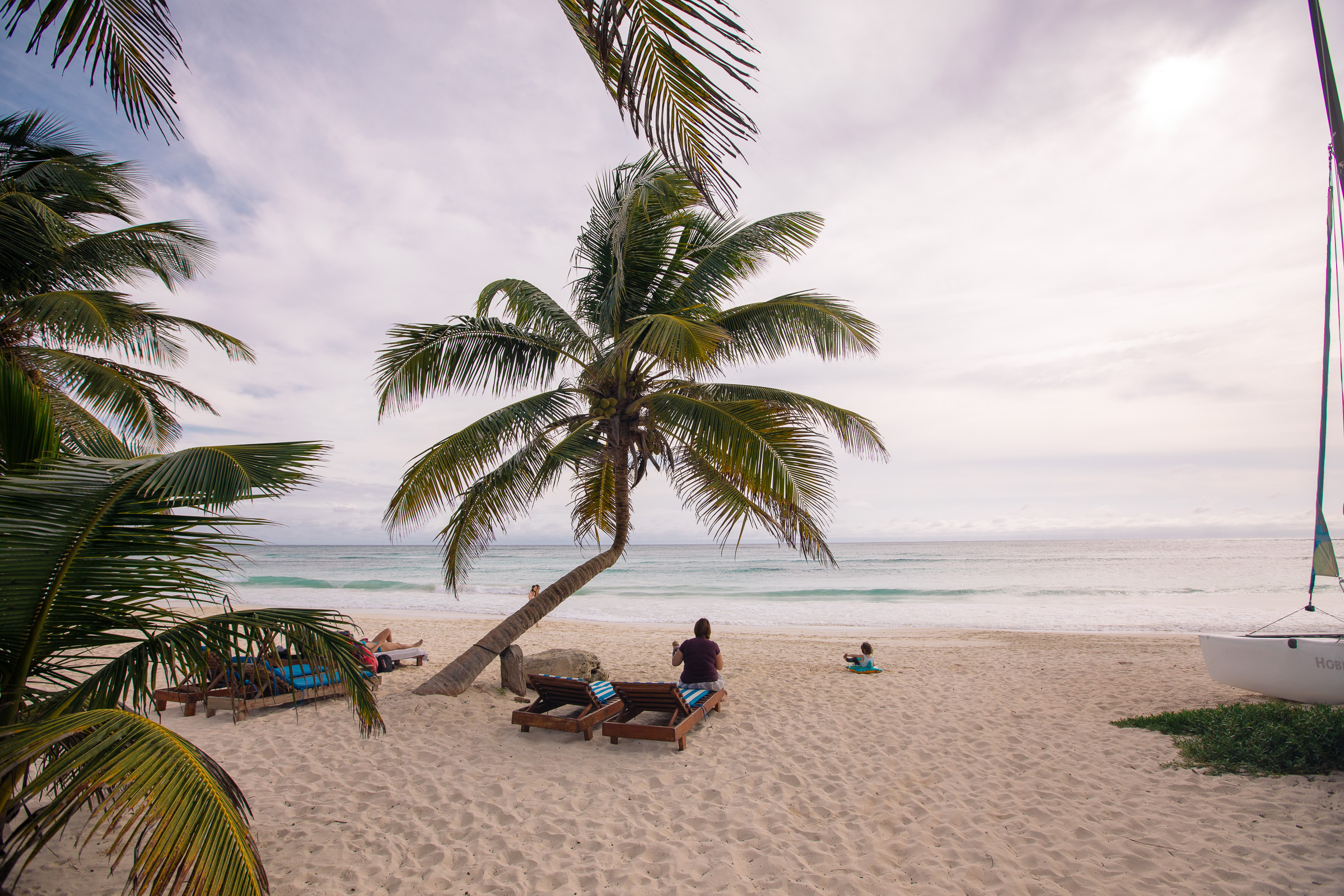 Schiefe Palme und bewölkter Himmel vor der Playa Xcanan